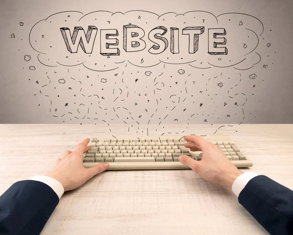 Image with a keyboard with floating text that says website
